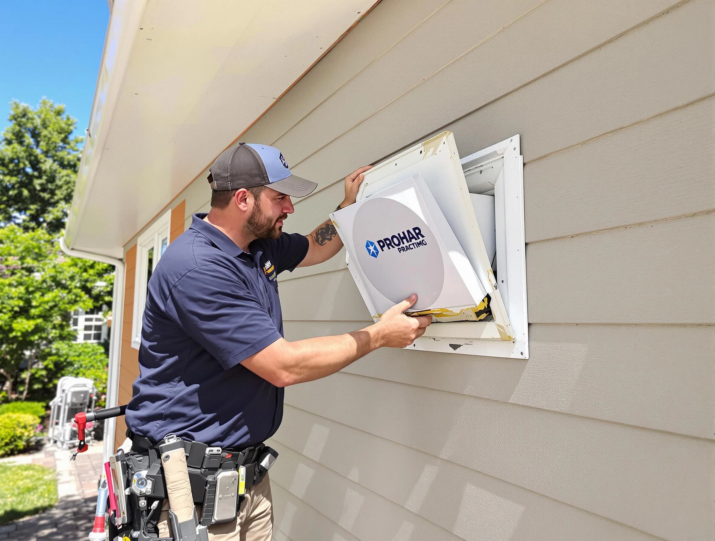 McCalla Dryer Vent Cleaning technician installing a new protective dryer vent cover on a home in McCalla