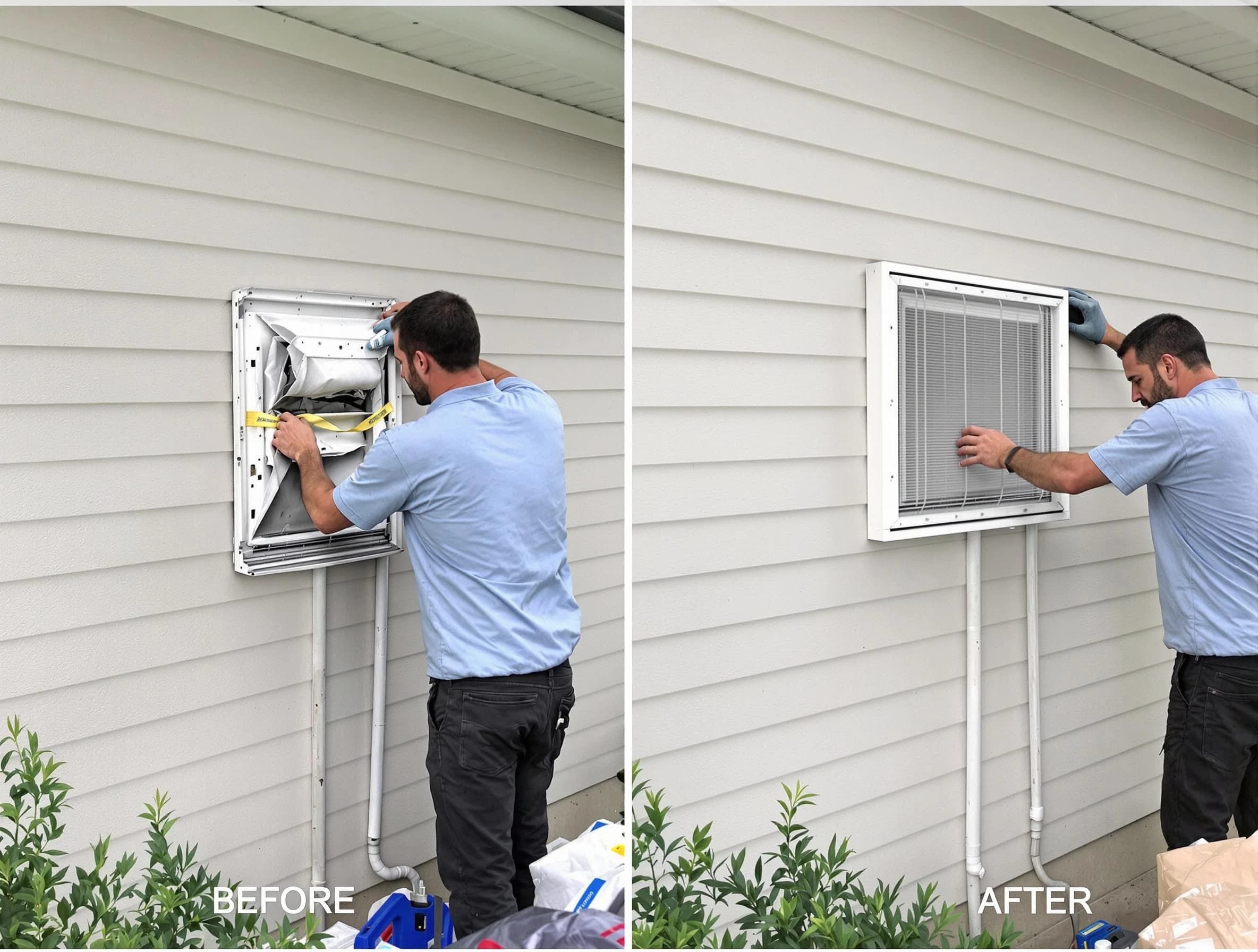 McCalla Dryer Vent Cleaning technician installing high-quality dryer vent cover at a residential property in McCalla