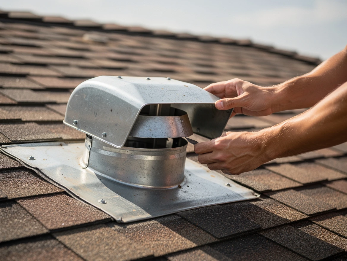 McCalla Dryer Vent Cleaning certified technician safely cleaning a roof-mounted dryer vent in McCalla